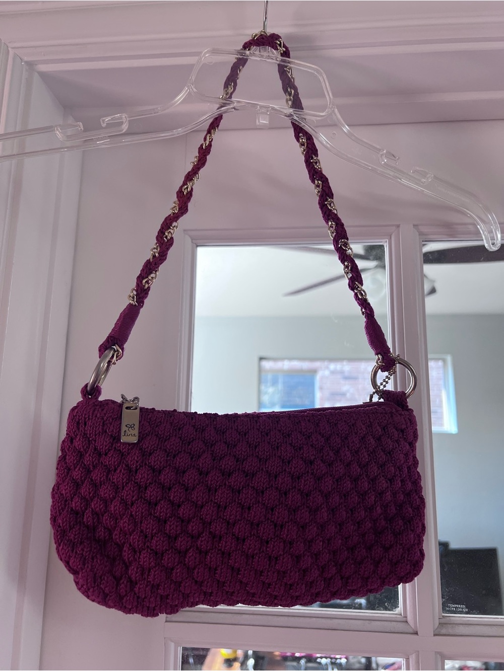Lina Plum Knit Shoulder Bag w/ Braided Chain Strap Y2K Boho Knit beautiful Purse